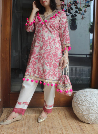 Printed Cotton co-ord set with realmirror, pom pom and crotia lace with potli