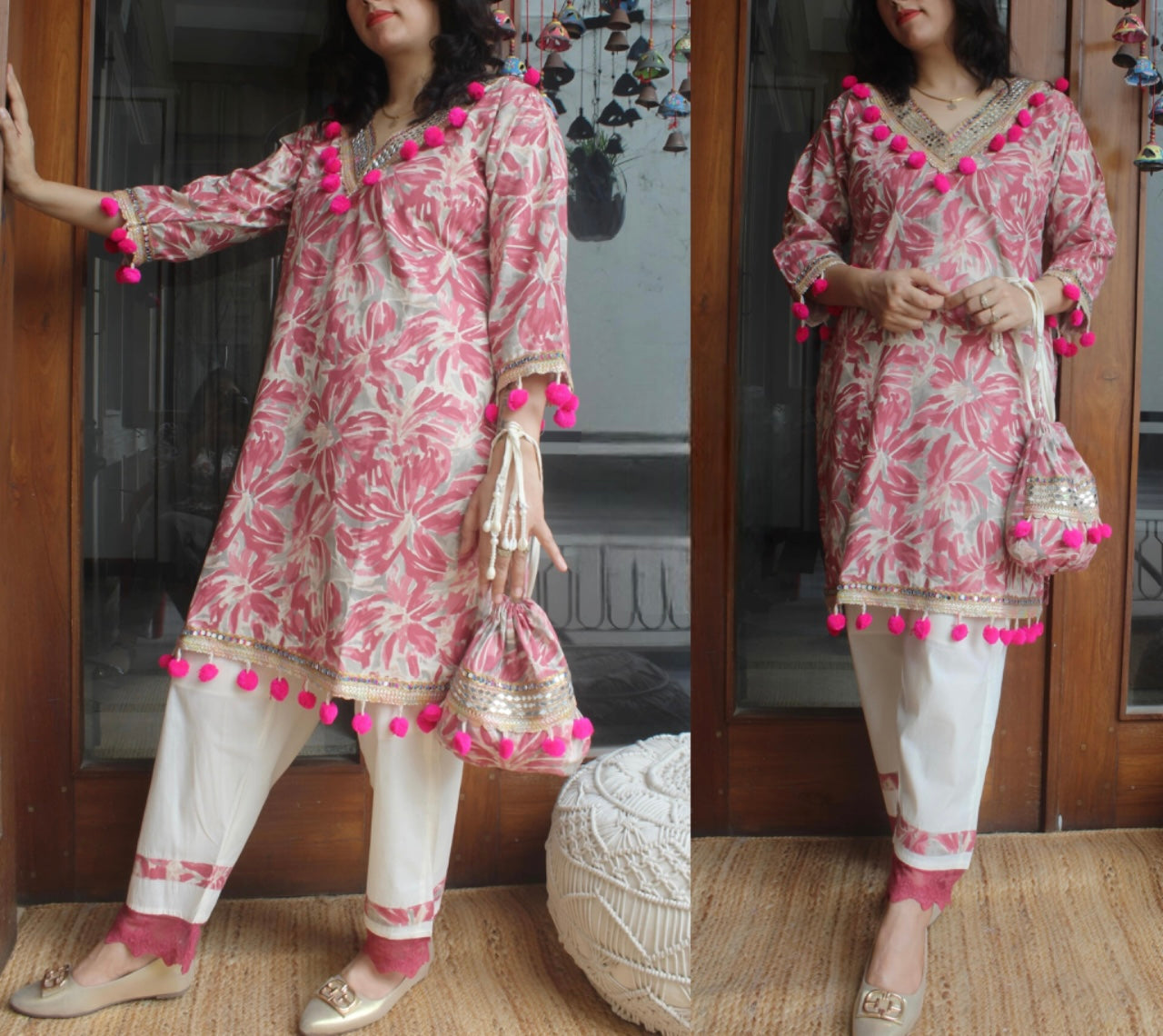 Printed Cotton co-ord set with realmirror, pom pom and crotia lace with potli