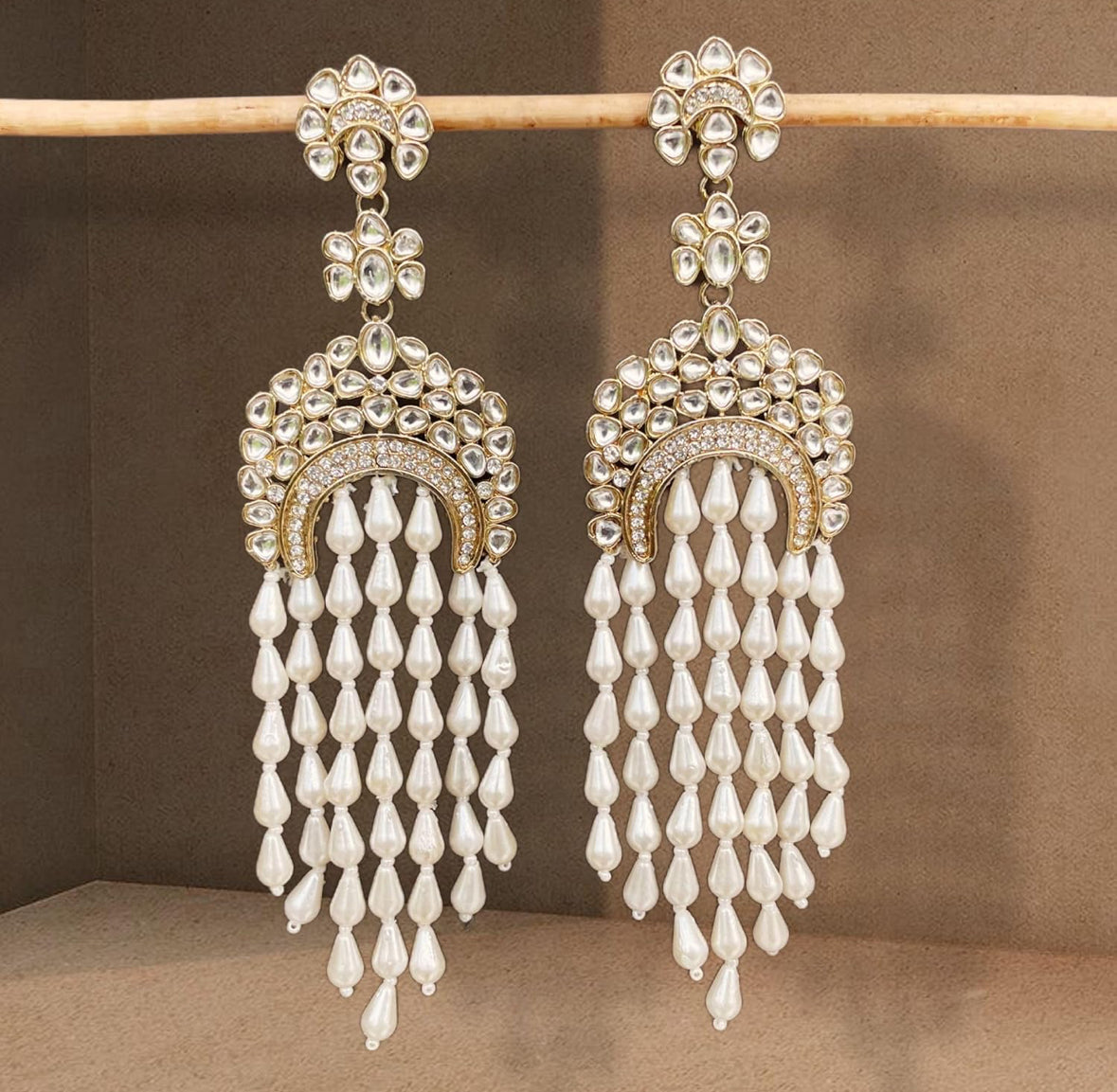 Designer Partywear Kundan Long Dangler Pearl Earrings