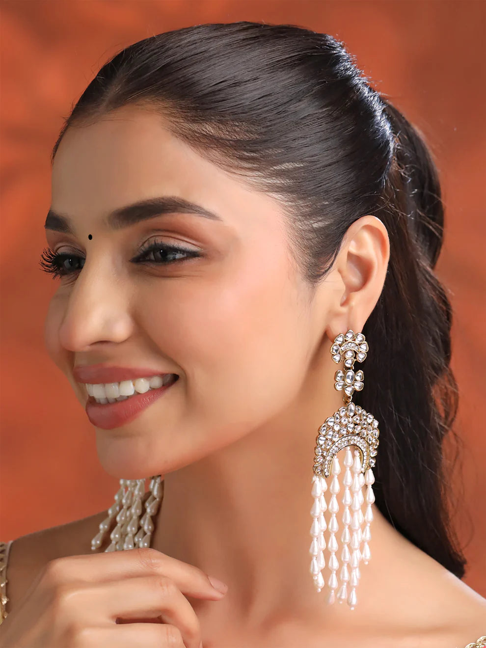 Designer Partywear Kundan Long Dangler Pearl Earrings