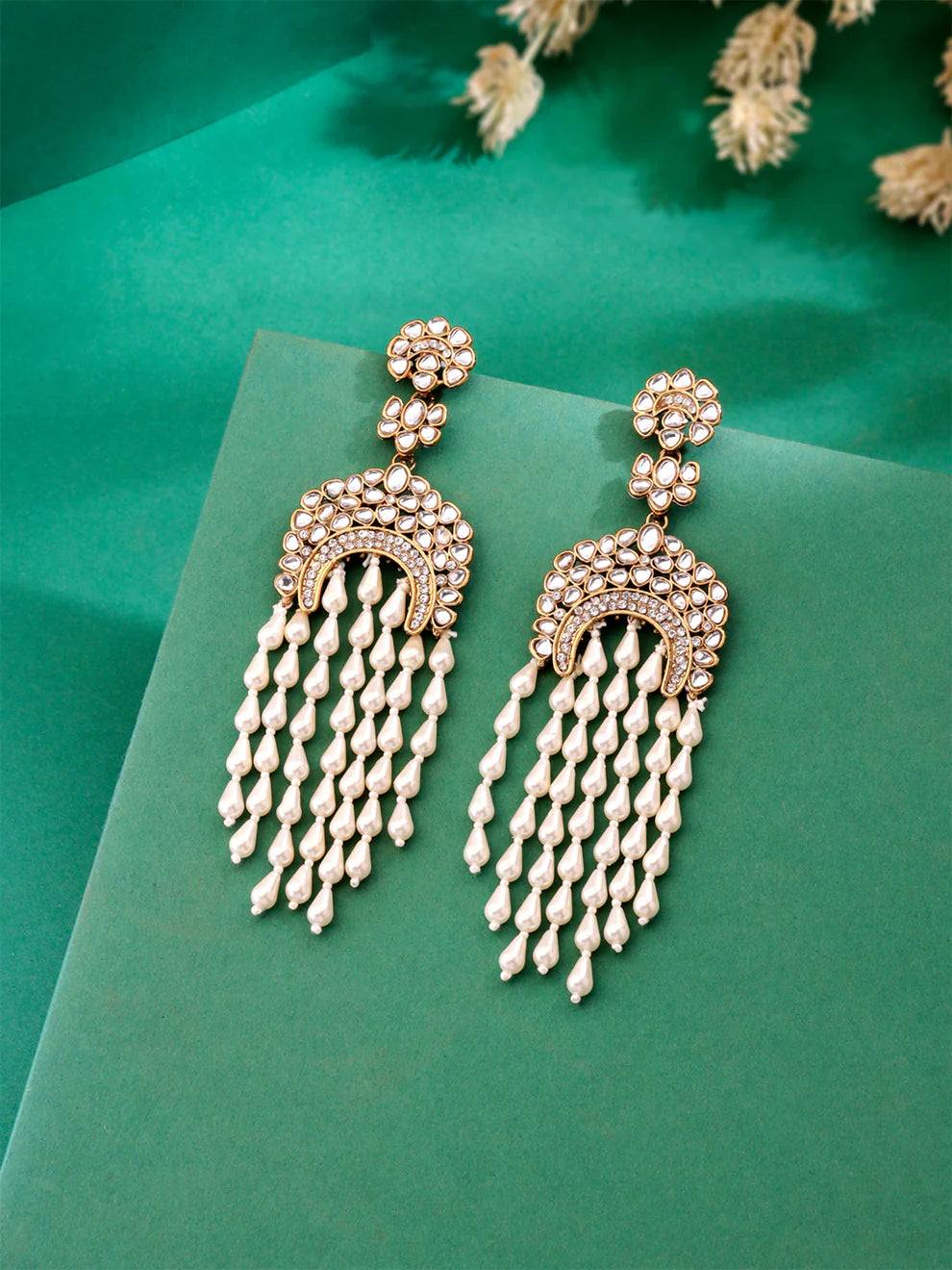 Designer Partywear Kundan Long Dangler Pearl Earrings