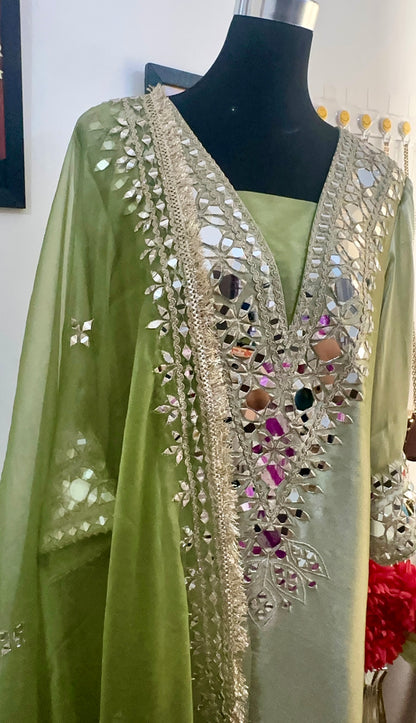 Designer Partywear Pakistani Jalabiya Kaftan Long Dress With Pant and Mirror Work Dupatta