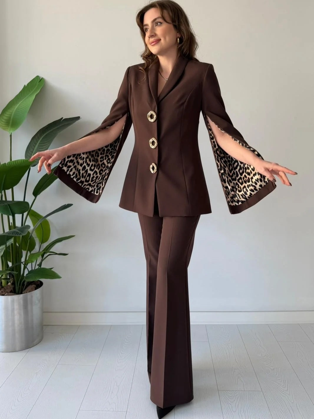 Imported Animal Print Zipper Sleeves Blazer Co-ord Set