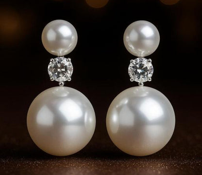 Partywear Celebrity Designer Duo Pearl And Diamond Drop Earrings