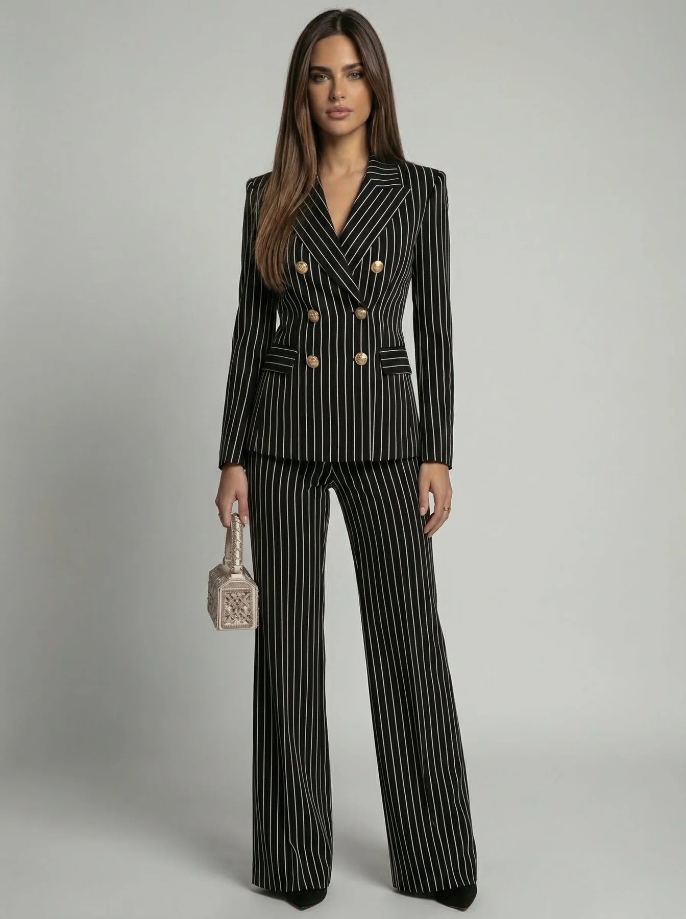 Imported Pin Stripe Double Breasted Full Sleeves Blazer Co-ord Set