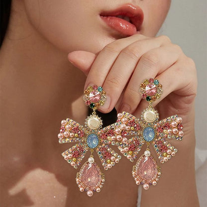 Partywear Celebrity Designer Multicolour Bowknot Rhinestone Earrings