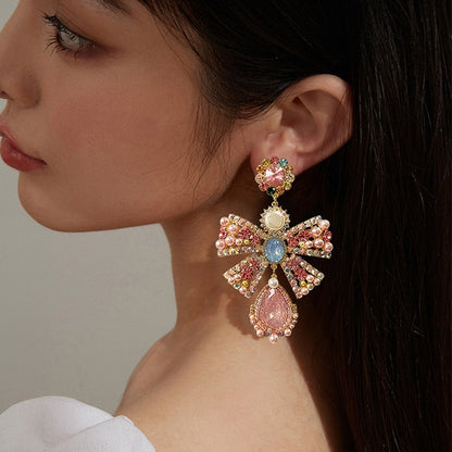 Partywear Celebrity Designer Multicolour Bowknot Rhinestone Earrings