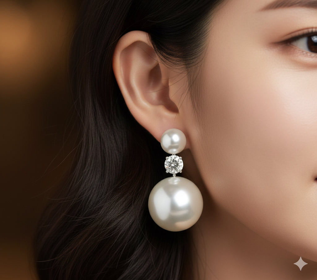 Partywear Celebrity Designer Duo Pearl And Diamond Drop Earrings