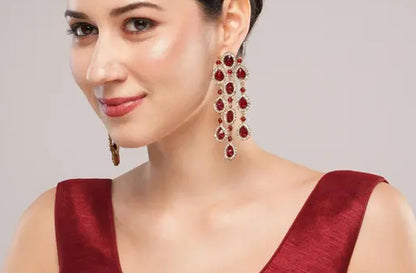 Partywear Celebrity Designer Maroon Chandelier Rhinestone Earrings
