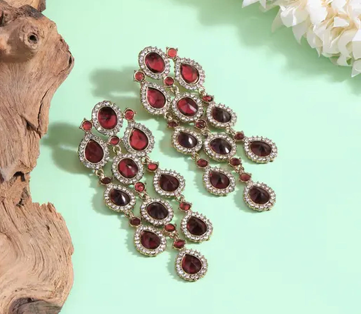 Partywear Celebrity Designer Maroon Chandelier Rhinestone Earrings