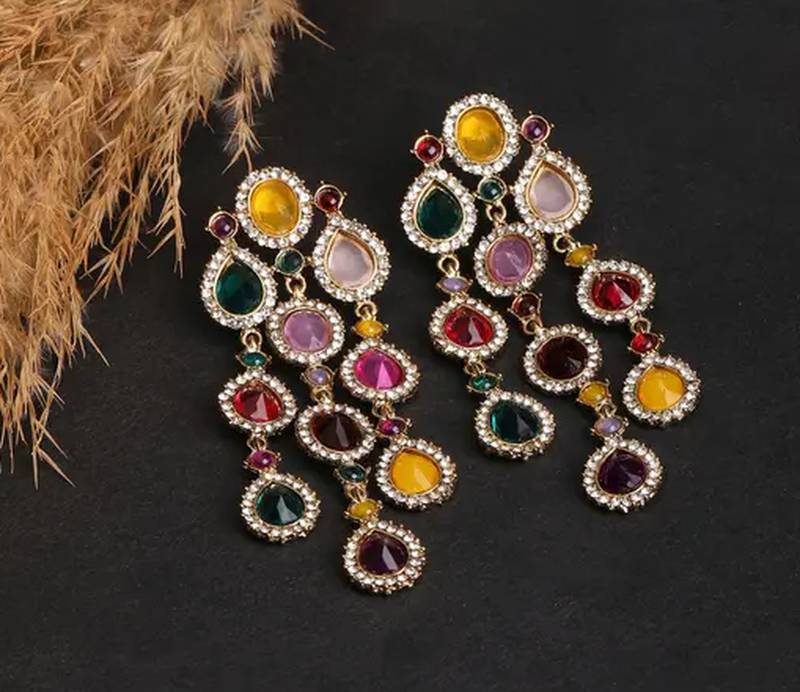 Partywear Celebrity Designer Multicolour Chandelier Rhinestone Earrings