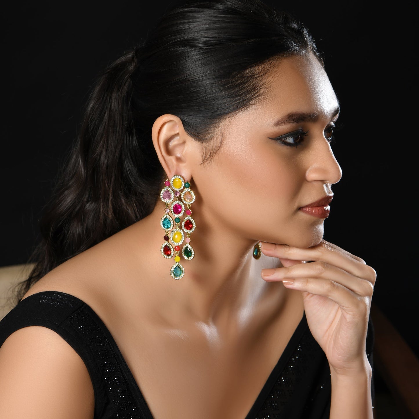 Partywear Celebrity Designer Multicolour Chandelier Rhinestone Earrings