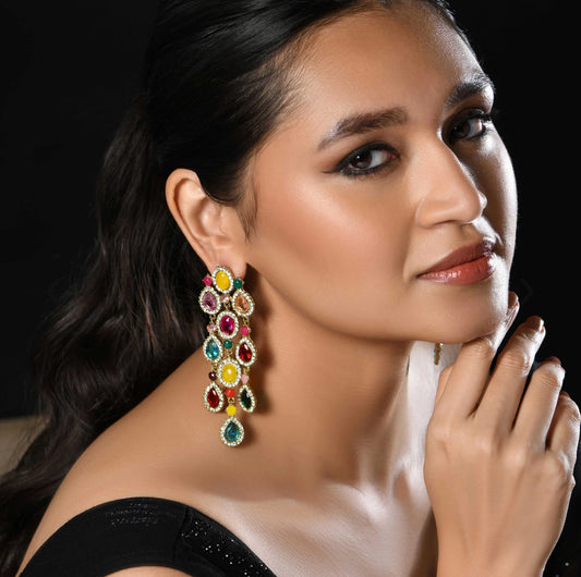 Partywear Celebrity Designer Multicolour Chandelier Rhinestone Earrings