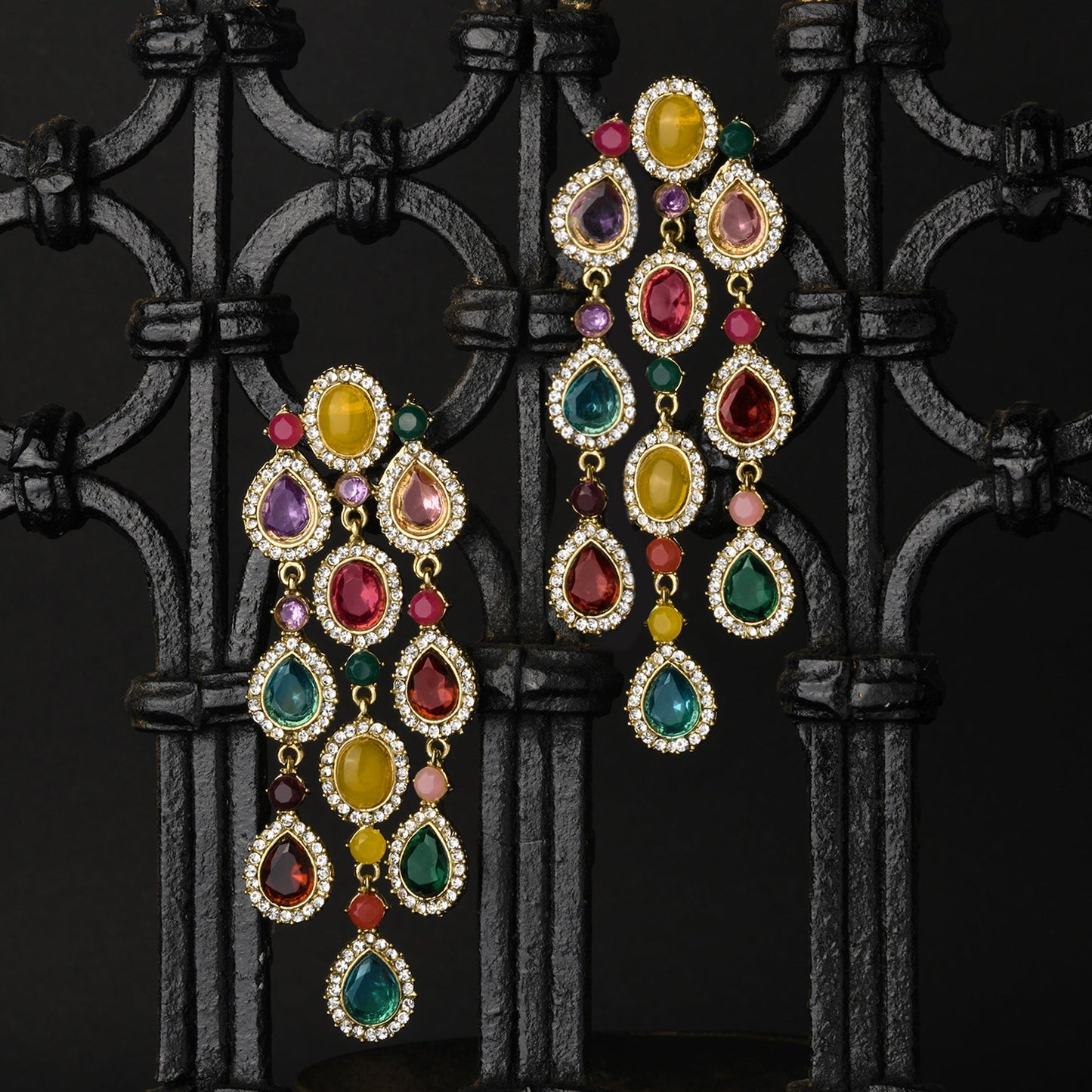 Partywear Celebrity Designer Multicolour Chandelier Rhinestone Earrings