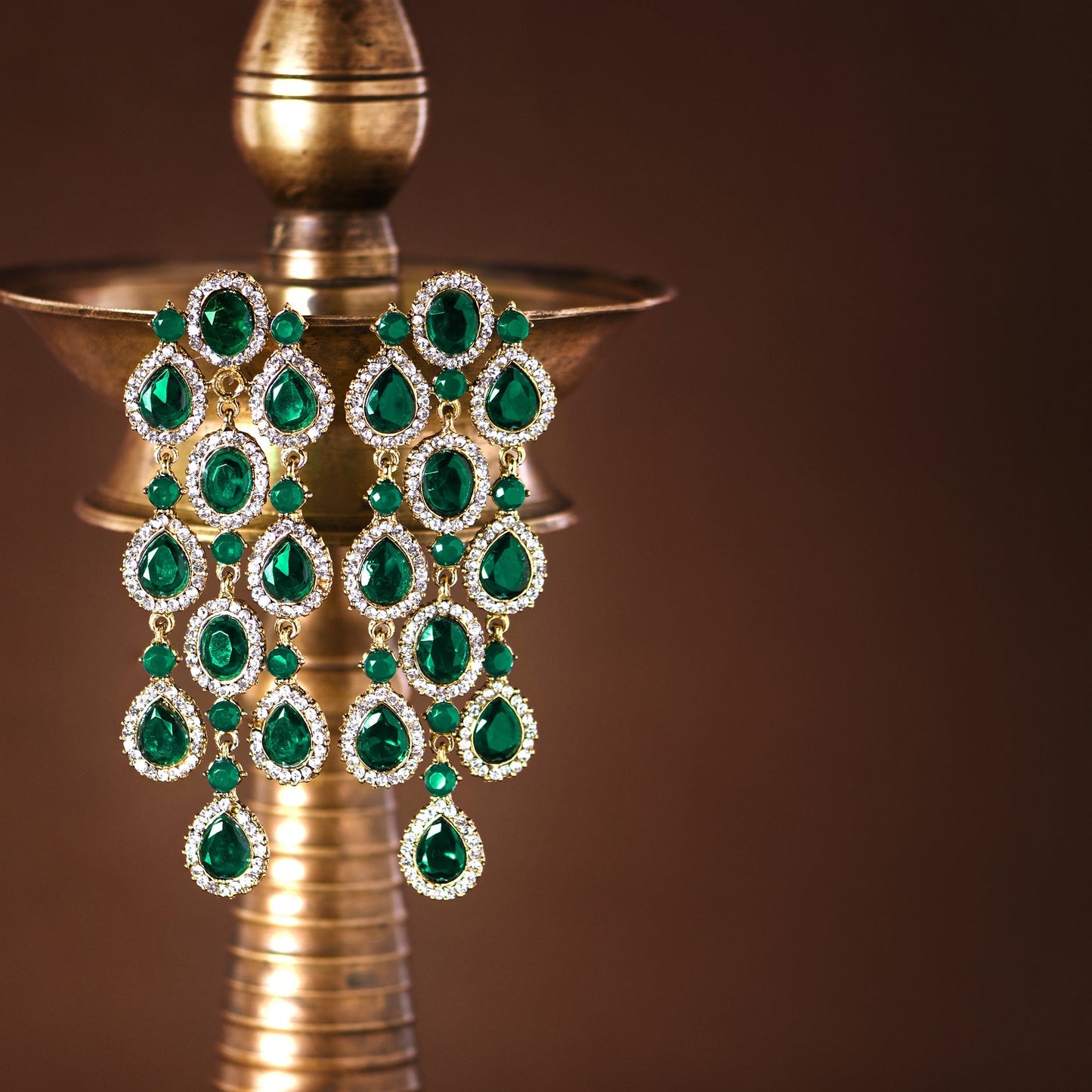 Partywear Celebrity Designer Green Chandelier Rhinestone Earrings