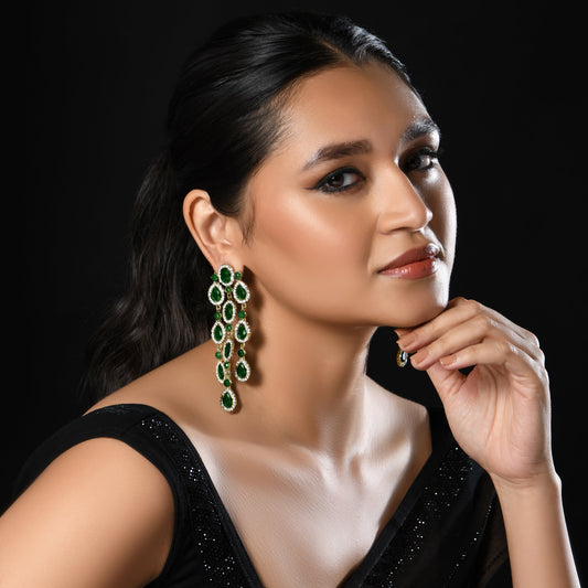 Partywear Celebrity Designer Green Chandelier Rhinestone Earrings
