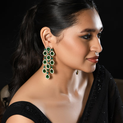 Partywear Celebrity Designer Green Chandelier Rhinestone Earrings