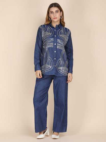 Partywear Soft Denim Coord Set With Sequins Embroidery