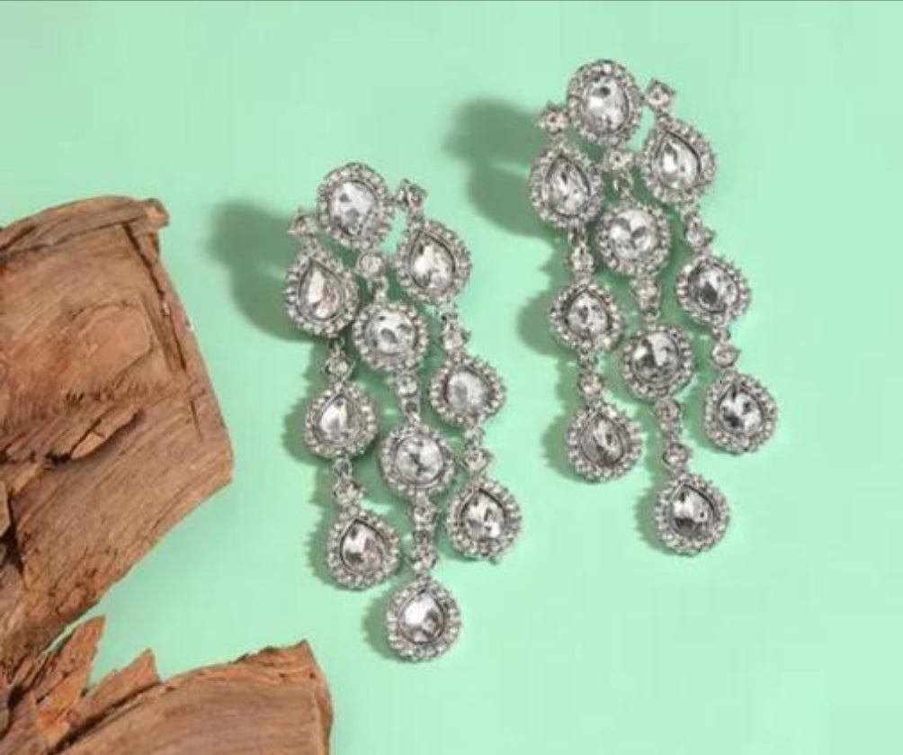 Partywear Celebrity Designer Silver Chandelier Rhinestone Earrings