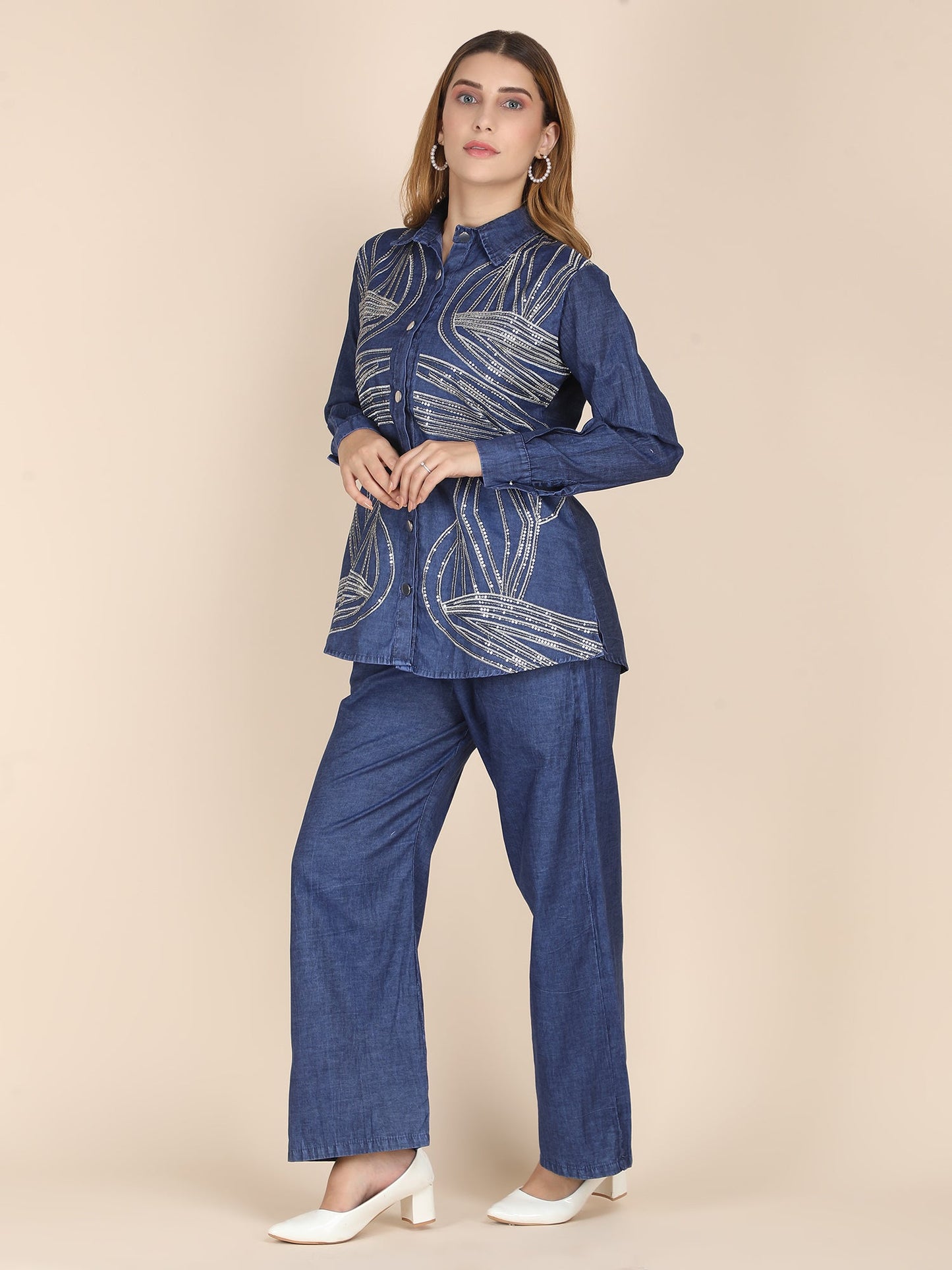 Partywear Soft Denim Coord Set With Sequins Embroidery