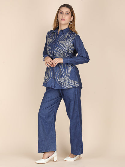 Partywear Soft Denim Coord Set With Sequins Embroidery