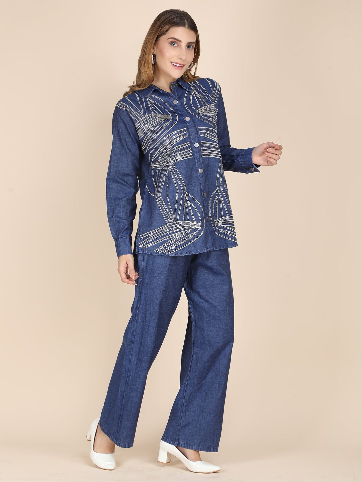 Partywear Soft Denim Coord Set With Sequins Embroidery