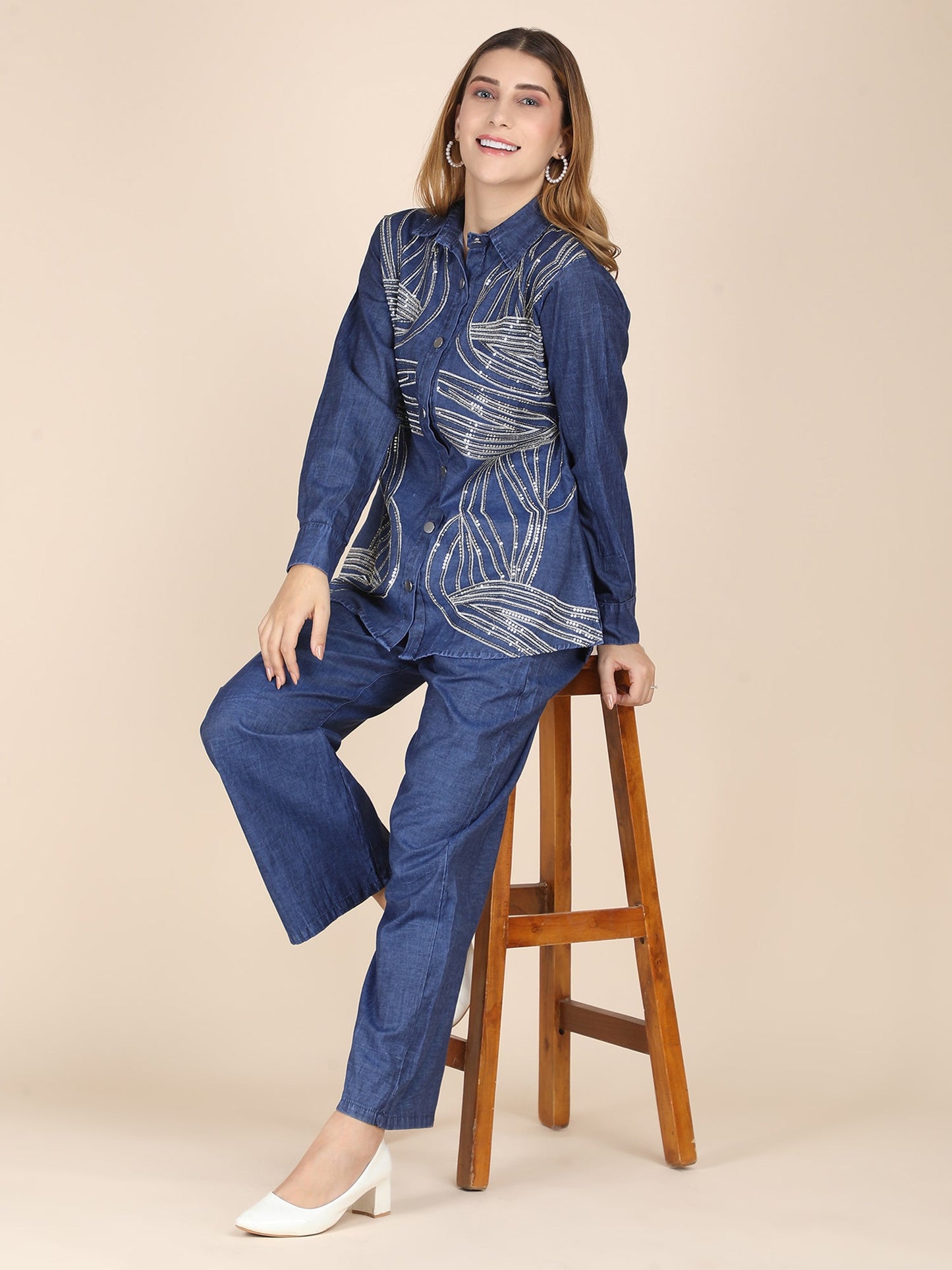Partywear Soft Denim Coord Set With Sequins Embroidery