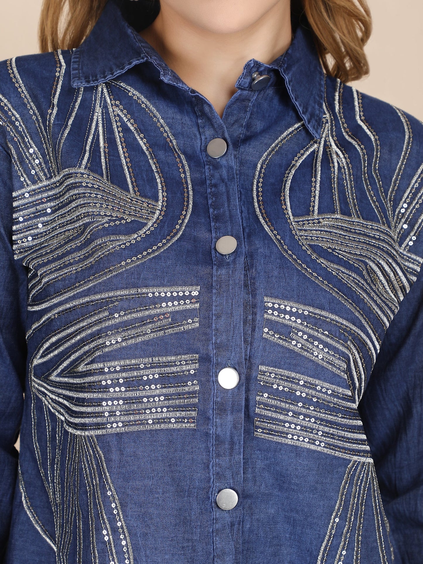 Partywear Soft Denim Coord Set With Sequins Embroidery