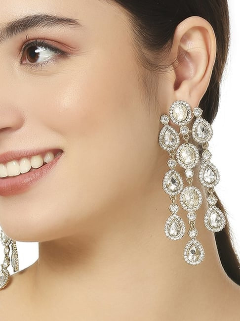 Partywear Celebrity Designer Silver Chandelier Rhinestone Earrings