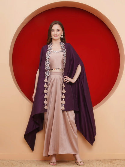 Partywear Indowestern Wine Hand Embellished Shrug with Rose gold inner and dhoti Skirt