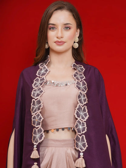 Partywear Indowestern Wine Hand Embellished Shrug with Rose gold inner and dhoti Skirt