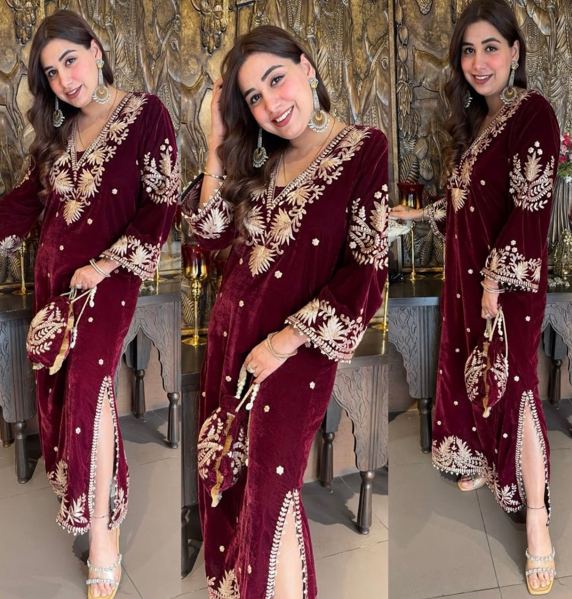 Designer Partywear Velvet Maroon Long Dress With Aari Work With Potli