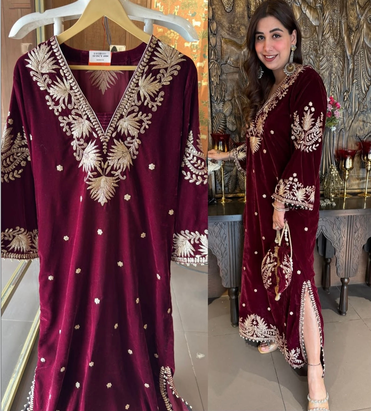 Designer Partywear Velvet Maroon Long Dress With Aari Work With Potli