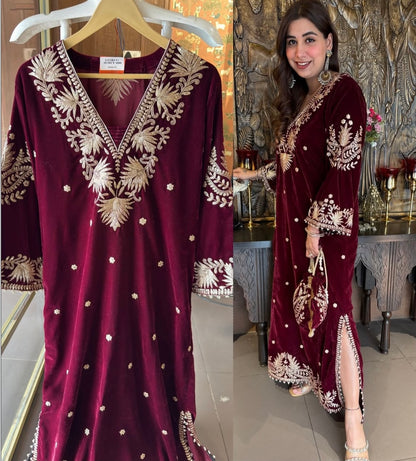 Designer Partywear Velvet Maroon Long Dress With Aari Work With Potli