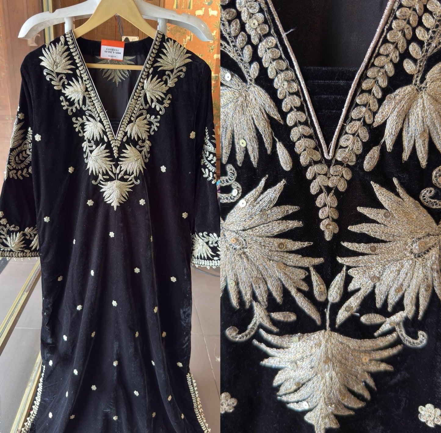 Designer Partywear Velvet Black Long Dress With Aari Work With Potli