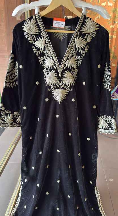 Designer Partywear Velvet Black Long Dress With Aari Work With Potli