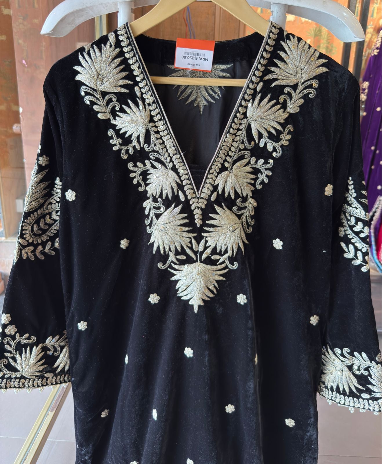 Designer Partywear Velvet Black Long Dress With Aari Work With Potli