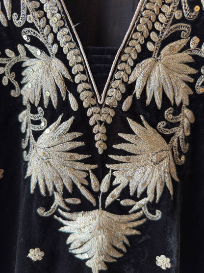 Designer Partywear Velvet Black Long Dress With Aari Work With Potli