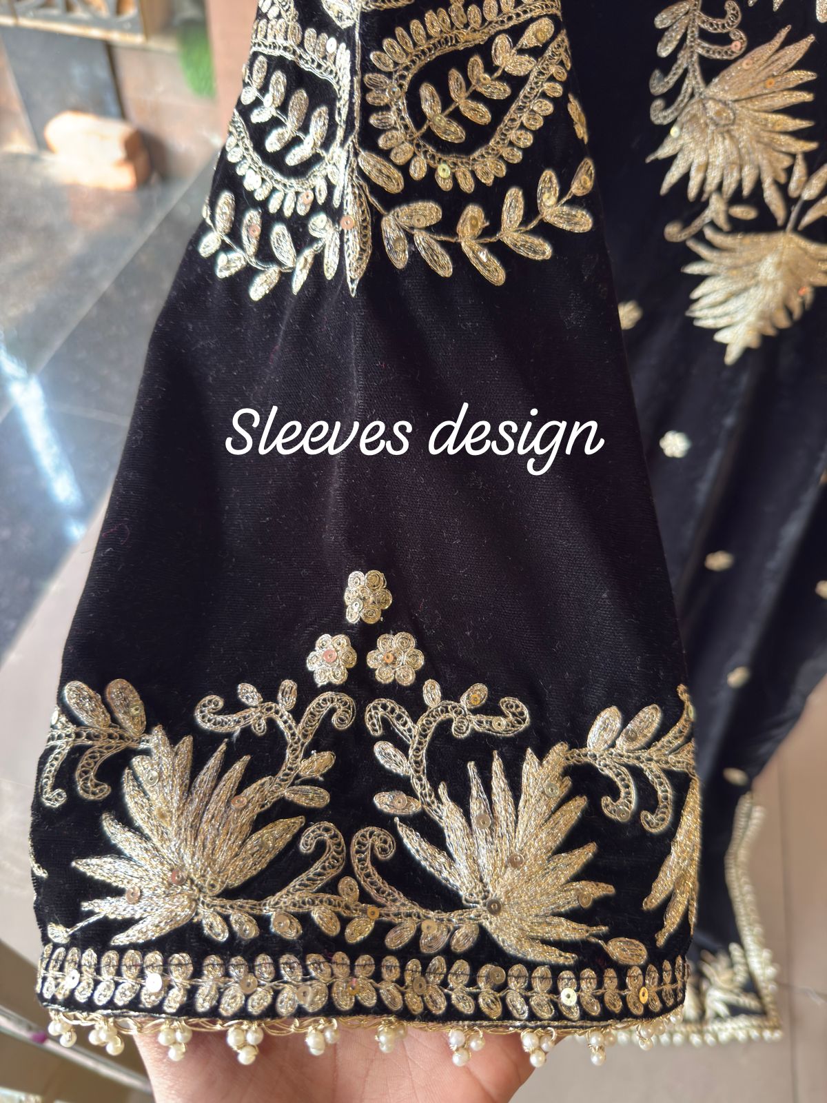 Designer Partywear Velvet Black Long Dress With Aari Work With Potli