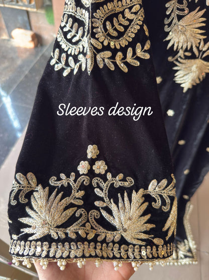 Designer Partywear Velvet Black Long Dress With Aari Work With Potli