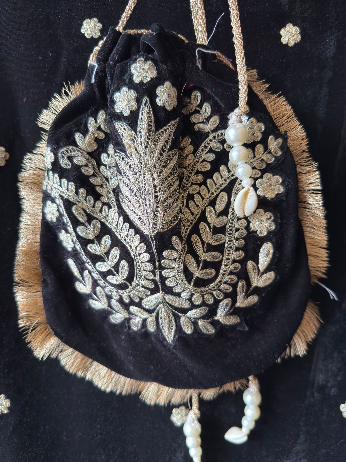 Designer Partywear Velvet Black Long Dress With Aari Work With Potli