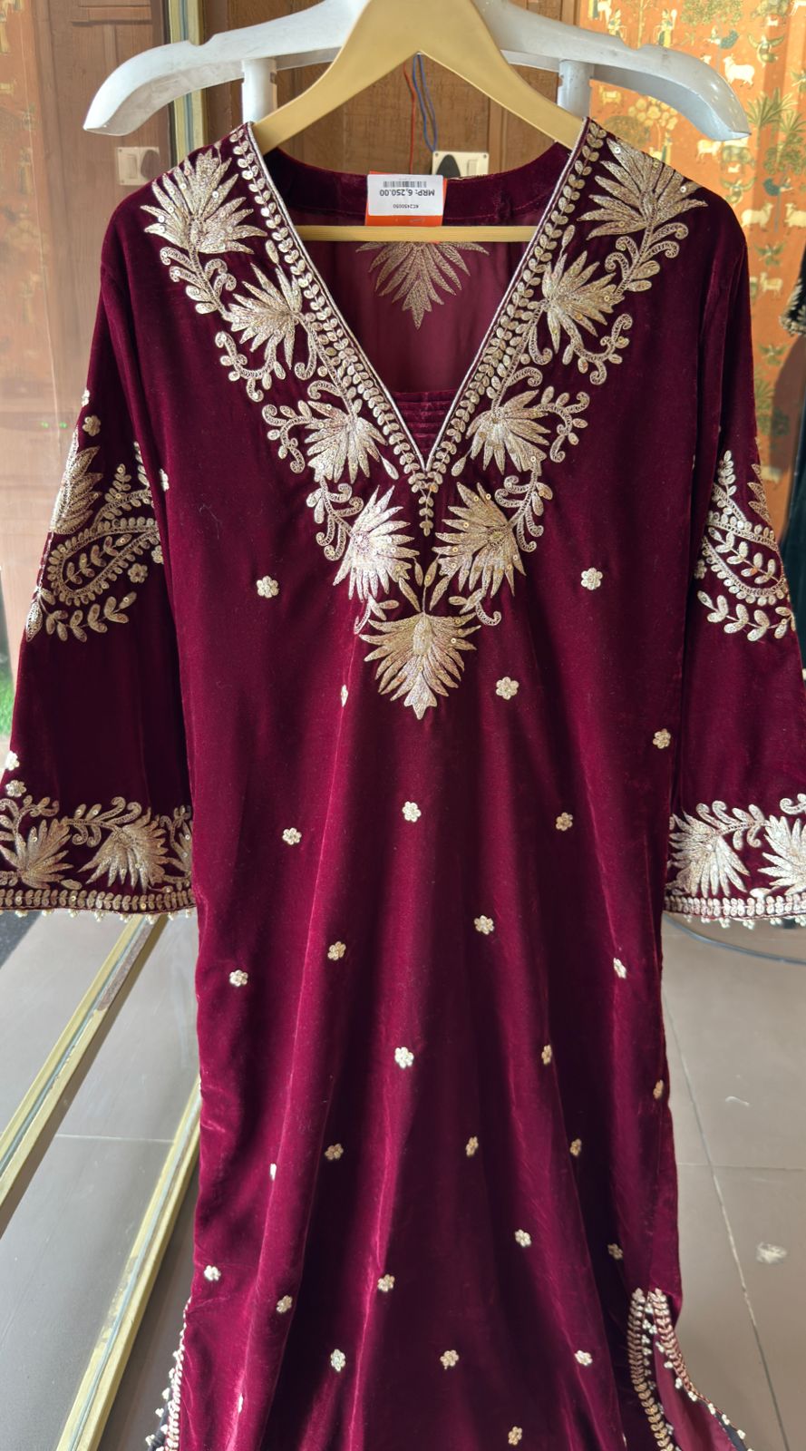 Designer Partywear Velvet Maroon Long Dress With Aari Work With Potli