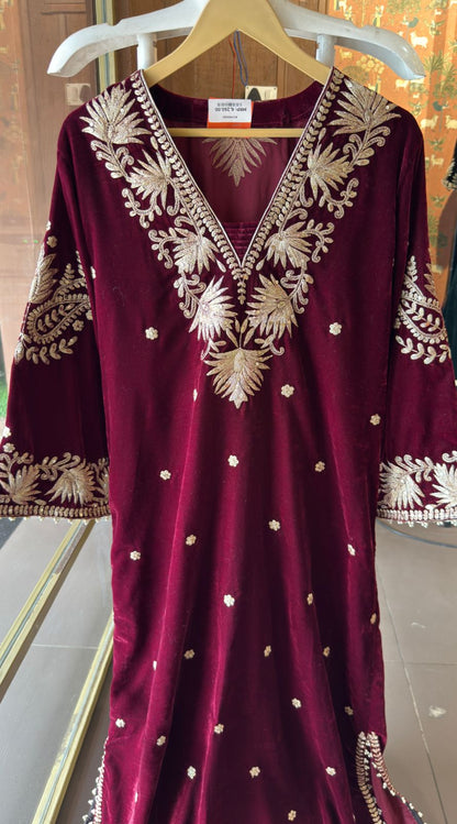 Designer Partywear Velvet Maroon Long Dress With Aari Work With Potli