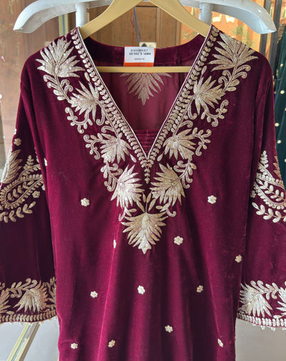 Designer Partywear Velvet Maroon Long Dress With Aari Work With Potli