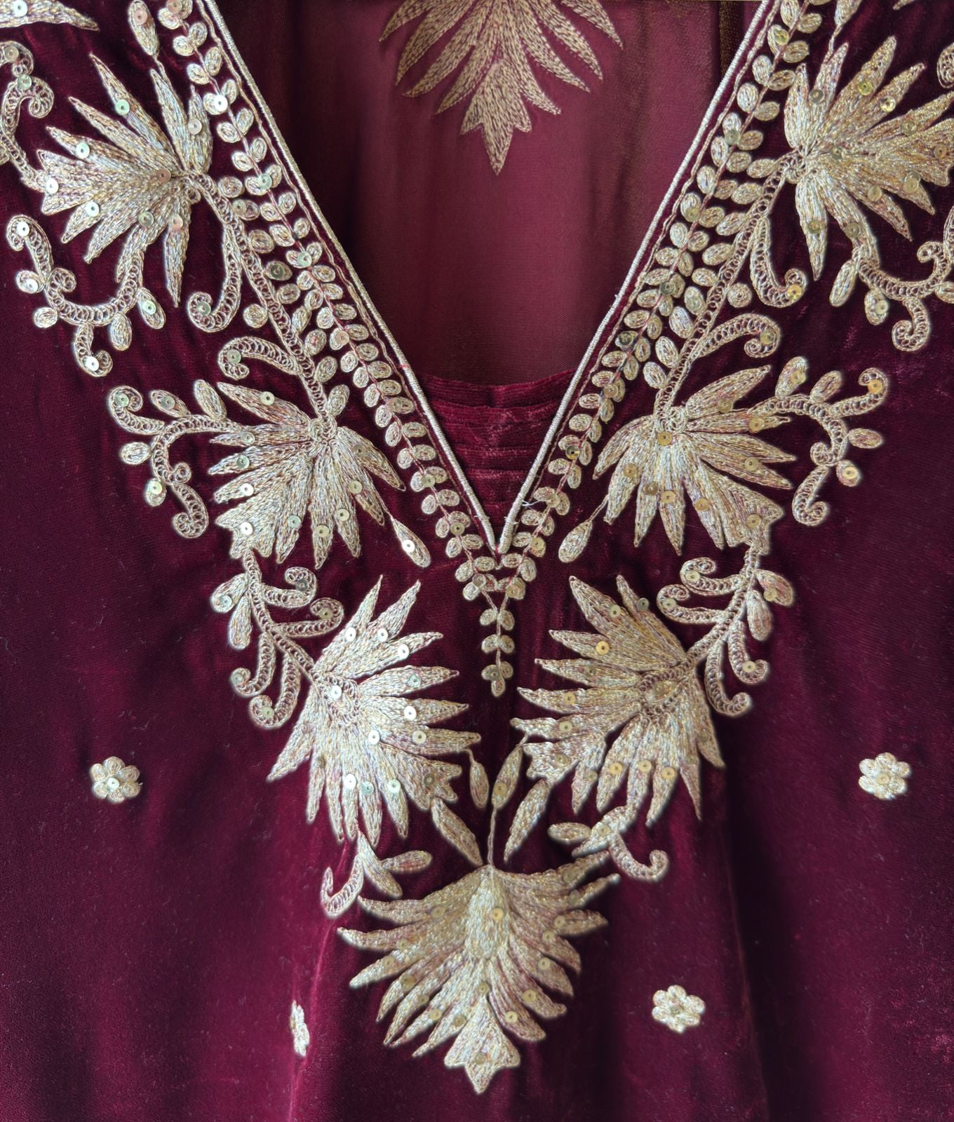 Designer Partywear Velvet Maroon Long Dress With Aari Work With Potli