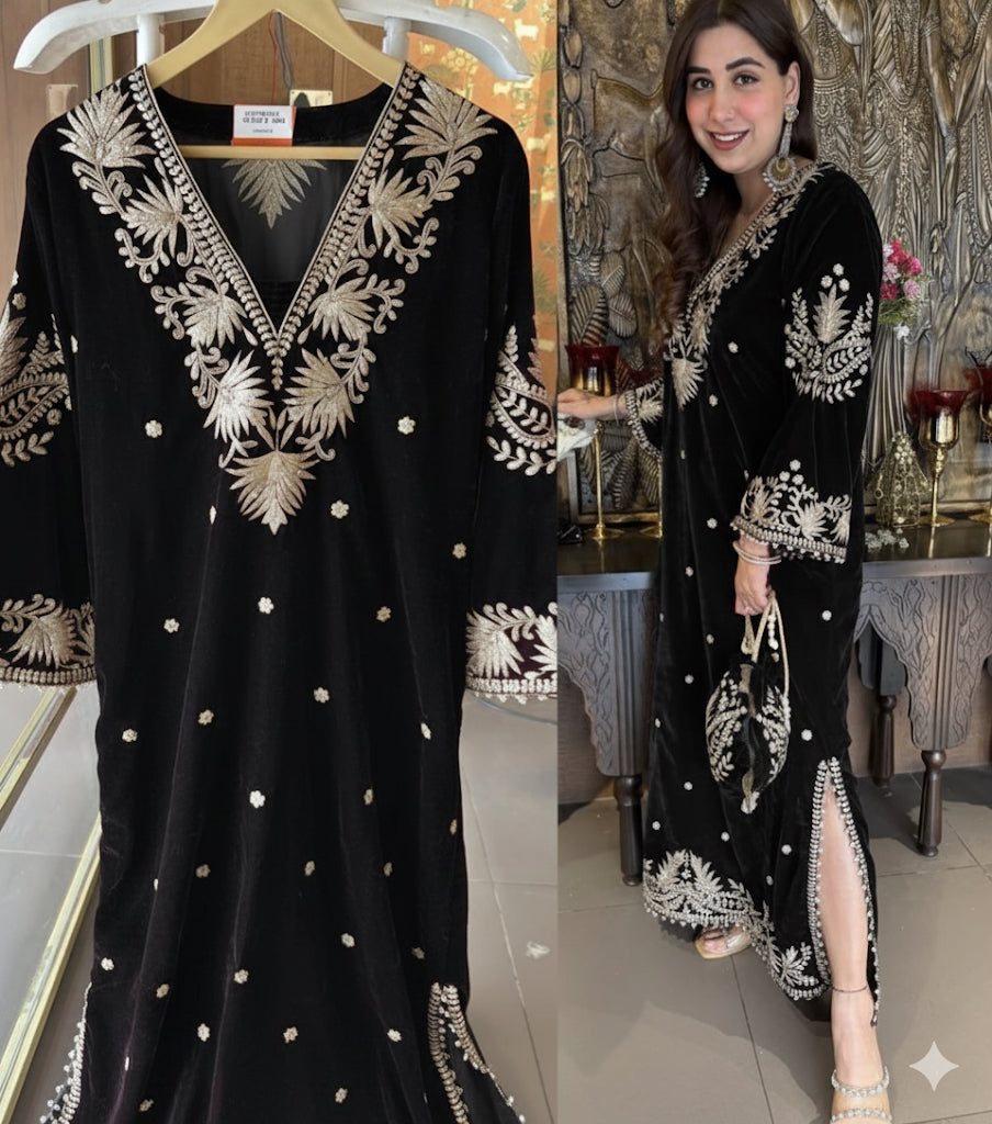Designer Partywear Velvet Black Long Dress With Aari Work With Potli