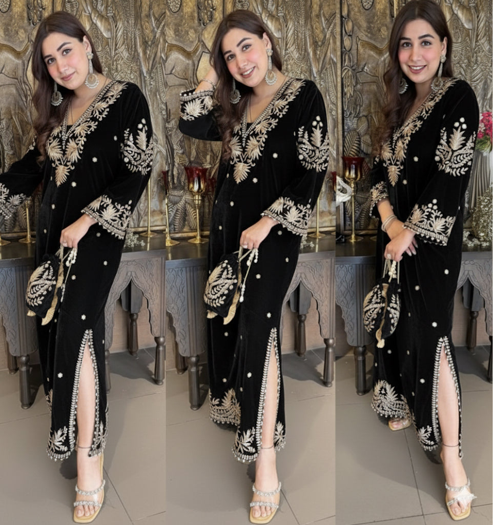 Designer Partywear Velvet Black Long Dress With Aari Work With Potli