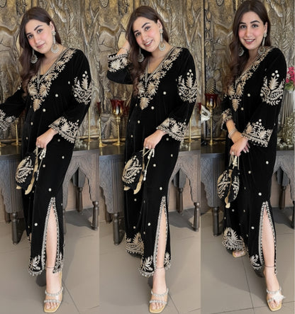 Designer Partywear Velvet Black Long Dress With Aari Work With Potli