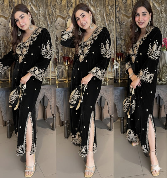 Designer Partywear Velvet Black Long Dress With Aari Work With Potli