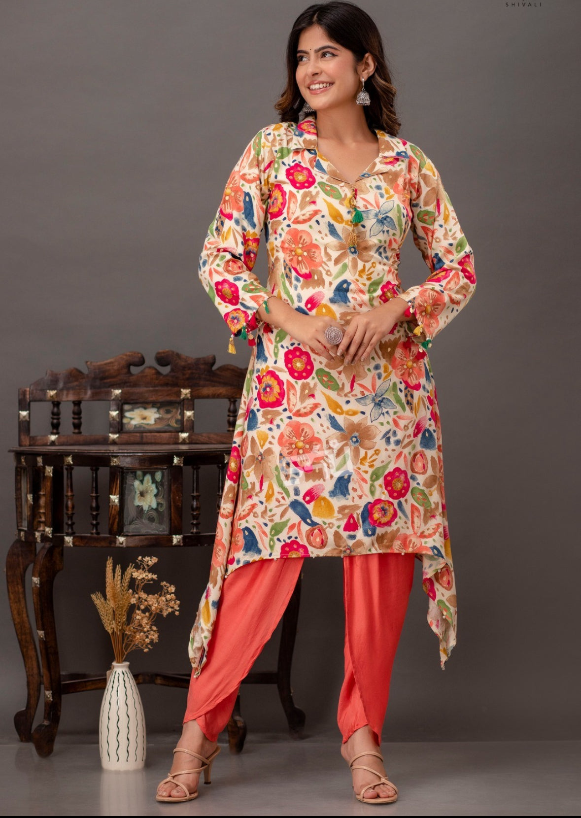 Floral Print C Cut Cotton Kurta With Dhoti Pants